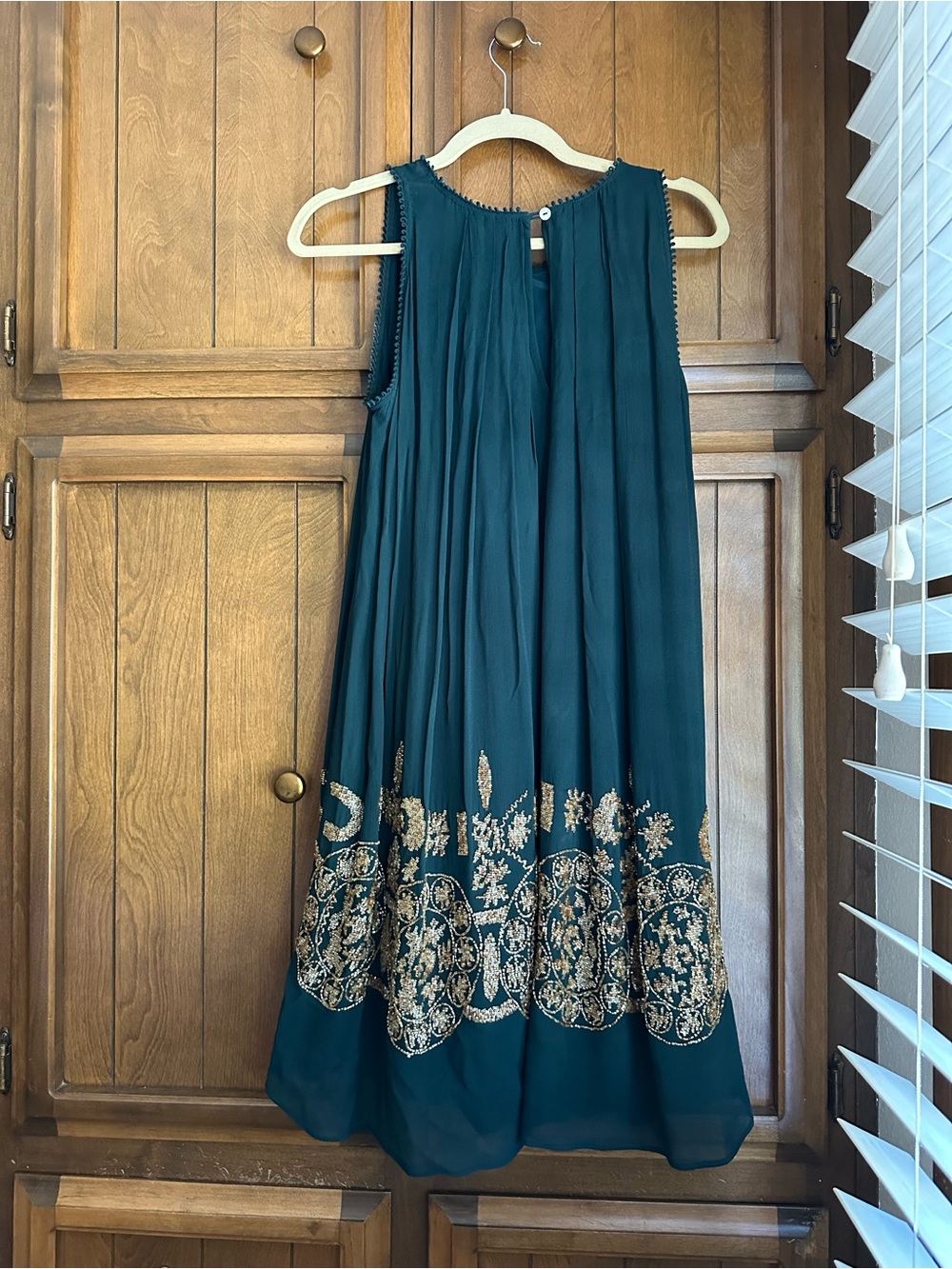 Anthropologie Teal Mini Dress with Gold Embroidery